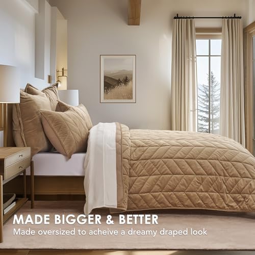 EverGrace 3 Pieces Matelasse Oversized Velvet Quilts, Queen, Khaki Tan