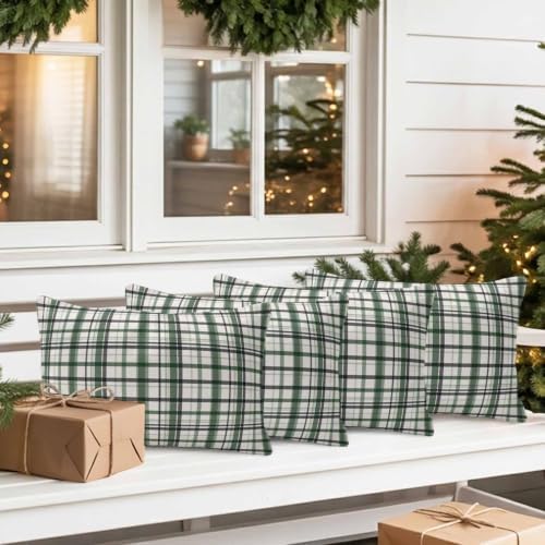 Sage Green Plaid Outdoor Pillow Covers 20"x12" Set of 2, Waterproof