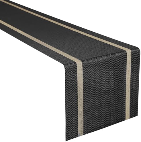 FAVE Woven Vinyl Table Runner 120x12 Inch Black with Gold Threads