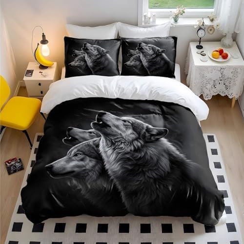 Wolf Animal Sketch Duvet Cover Bedding Sets, Black White Wildlife