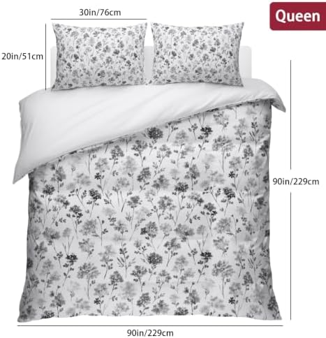 3 Pieces Bedding Set Queen Size, Grey Floral Soft Duvet Covers Set