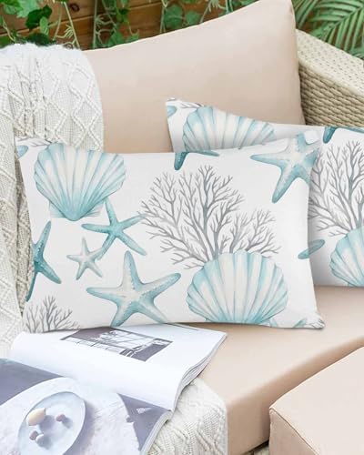 Outdoor Pillow Covers with Inserts,Teal Coastal Waterproof Decorative