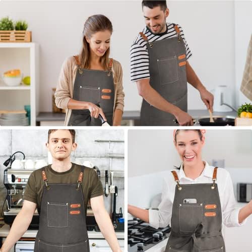 OUNLEN Chef Apron for Men Women Canvas Aprons with 3 Pockets Cross
