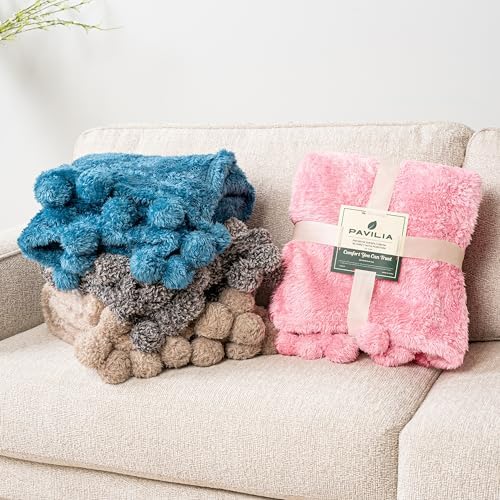 PAVILIA Soft Sherpa Twin Blanket with Pom Pom for Couch Bed, Taupe