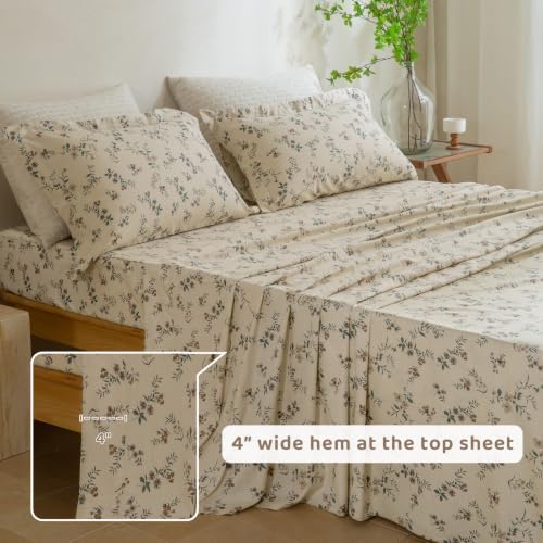 QSH 100% Cotton Sheets Set Twin Size,4PCs Floral Botanical Sprig Print