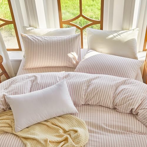 Striped Duvet Cover Set King Size 100% Washed Cotton Linen Feel