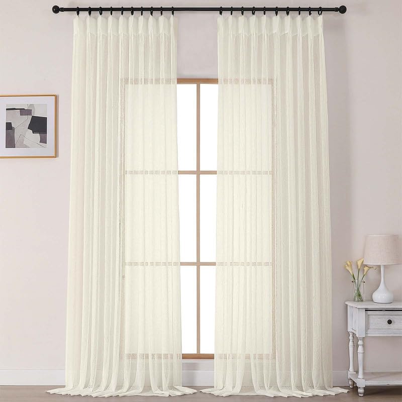OVZME Cream Crushed Window Sheer Curtains 120 Inches Long 2 Panels