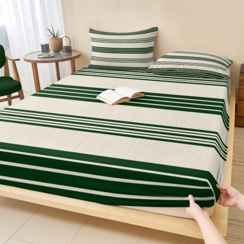 Queen Fitted Sheet Deep Pocket, Forest Green and Beige Stripe Soft