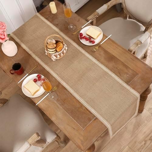 Khaki Table Runner 13 x 120 inch Long with Beige Lacework