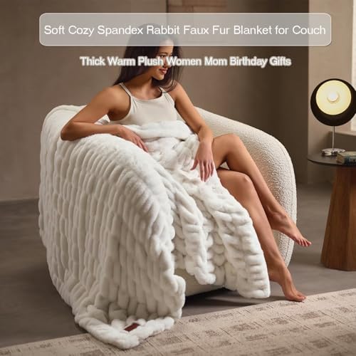 Cream Double Side Faux Fur Throw Blanket,Cozy Soft Fuzzy Fluffy Faux