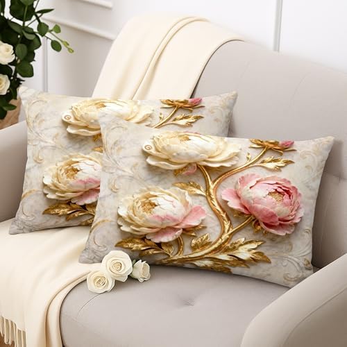 Peony Throw Pillow Covers Set of 2, Elegant Sophisticated Gold Leaves