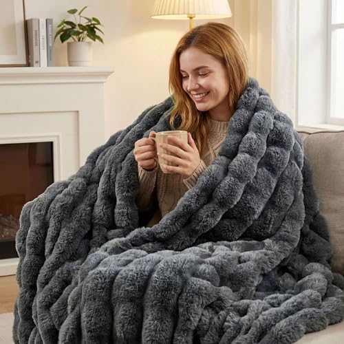 JONIYEAR Solid Thick Fuzzy Bubble Faux Rabbit Fur Blanket Twin Size