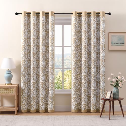 Beige Curtains 84 Inches Long 2 Panels Light Brown Damask Curtains