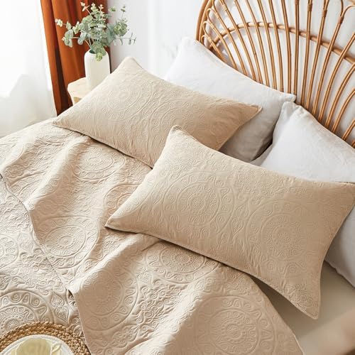 WURUIBO Beige Quilt Set King/Cal King Size, Embossing Microfiber