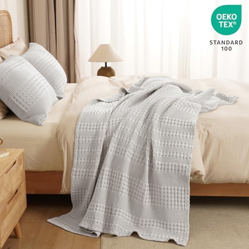 PHF Lightweight 100% Cotton Waffle Throw Blanket for Couch, Light Grey