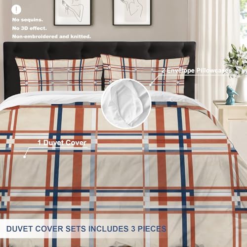 Batmerry Plaid Twin Size 100% Cotton Duvet Cover Sets, Red Blue Cream