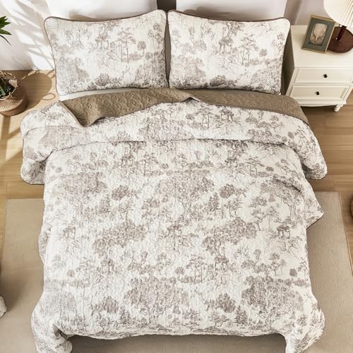 WONGS BEDDING Taupe Quilt Set Queen Size, Botanical Floral Bedspread