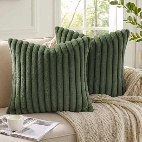 Pallene Faux Fur Decorative Throw Pillow Covers 22x22 Set of 2, Olive