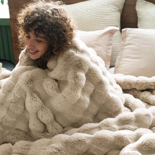 PHF Warm Faux Fur Twin Blanket, Ultra Soft Cozy, 60"x80", Oak