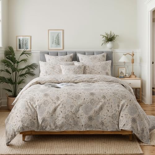FADFAY Light Khaki Vintage Hydrangea Floral Duvet Cover Set Queen Size