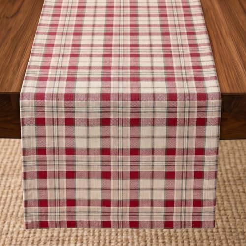 Solino Home 100% Pure Linen Table Runner Plaid, Almond Plaid