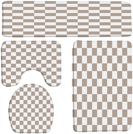 4PC Checkered Bath Mat Set Tan and White Retro Checkerboard Vintage