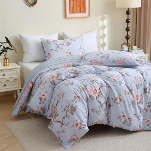 ABREEZE Floral Duvet Cover Queen Size Set Bird Flowers Bedding Set