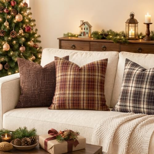 MIULEE Tartan Plaid Throw Pillow Covers Fall 20x20 Inch Reddish Brown