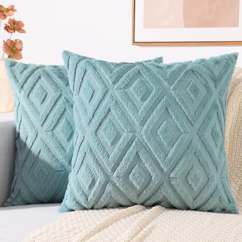 decorUhome Fall Faux Fur Light Teal Throw Pillow Covers 20x20 Set of 2