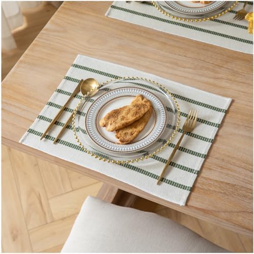 Boho Farmhouse Placemats Set of 6, Green Beige Stripes Cotton Linen