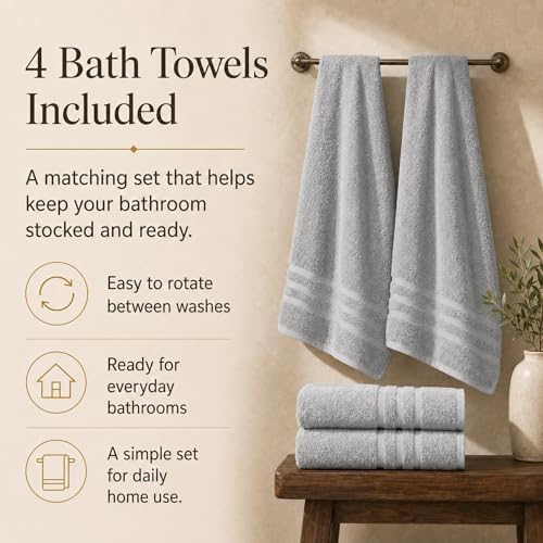 Velqora Large 100% Cotton Bath Towels 4 Pack, 30x60 in, Light Gray