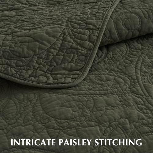 EVERGRACEHOME 100% Cotton Paisley Quilt Set, Queen Size, Olive Green