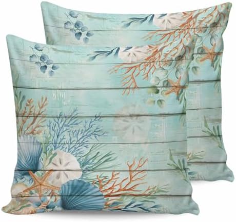 Pillow Covers 16x16 Set of 2, Teal Beach Coastal Throw Pillow Covers