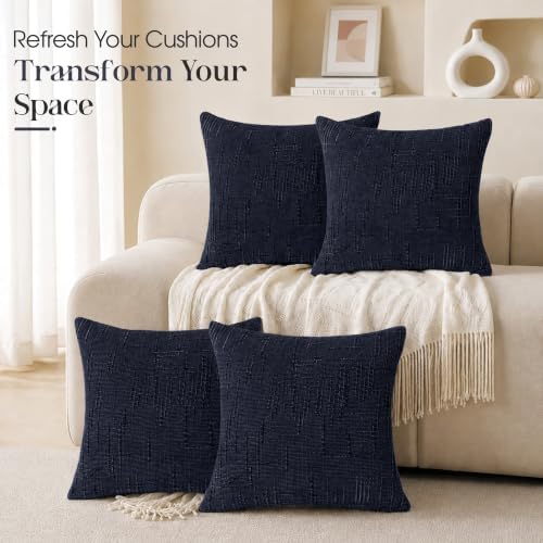 Textured Chenille Throw Pillow Covers 18x18 Set of 4, Navy Blue Boho