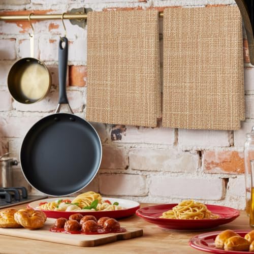 Tan Linen Kitchen Towels Set of 3, Rustic Boho Natural Sand Fiber