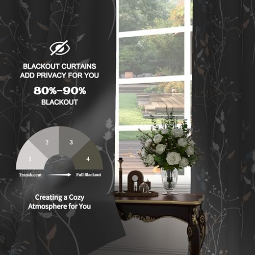 Gray Leaves Blackout Curtains 63 Inch Length, Room Darkening Curtains