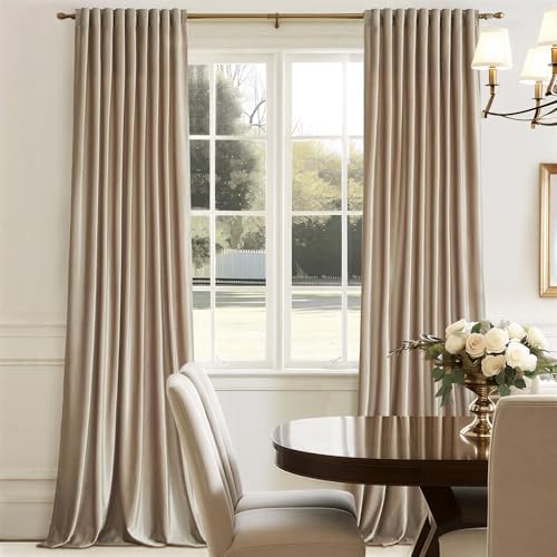 100% Full Blackout Champagne Beige Polyester Velvet Curtains 96 inch