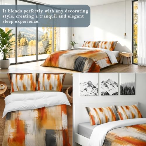 Orange Beige Gray Duvet Cover Set 3 Pieces with Zipper Closure
