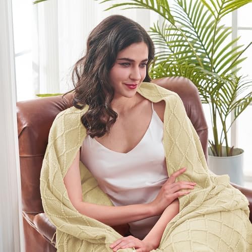 inhand Cloud Cream Knitted Throw Blanket for Couch and Bed, 50"x60"