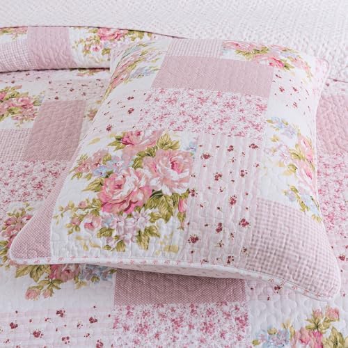 Soul & Lane - Pink Floral Patchwork Cotton Quilt Set, King with 2