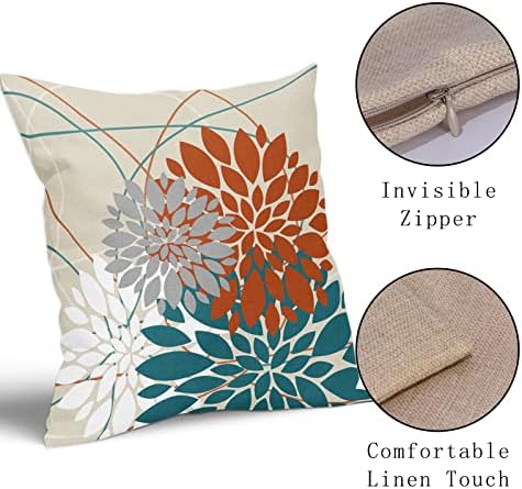 Teal Orange Pillow Covers 20x20 Dahlia Flower White Gray Elegant