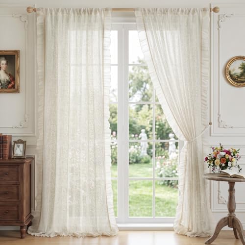 RYB HOME Ivory Embroidered Lace Sheer Curtains 96 Inch for Bedroom