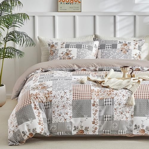 Lekesky Reversible Duvet Cover Queen Size, Grey Floral Patchwork