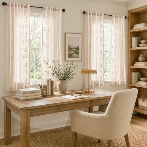 jinchan Linen Curtains 63 Inch Ivory Floral Drapes Back Tab 2 Panels