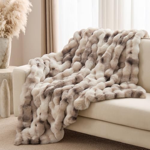 Fluffy Faux Fur Bubble Throw Blanket, 60'' x 80'', Tie-Dye Brown