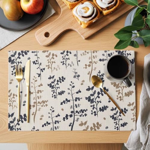 Placemats Set of 8, Grey Brown Botanical Woven Placemat, Linen Place