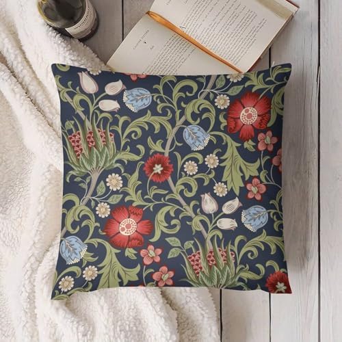 William Morris Flower Pillow Covers Set of 2,Red Flowers Green Leaves