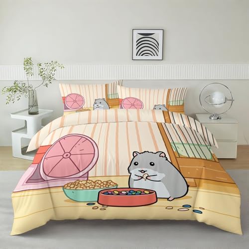 King Duvet Cover Set Cartoon Hamster Sunflower Seed Lines Bedding with
