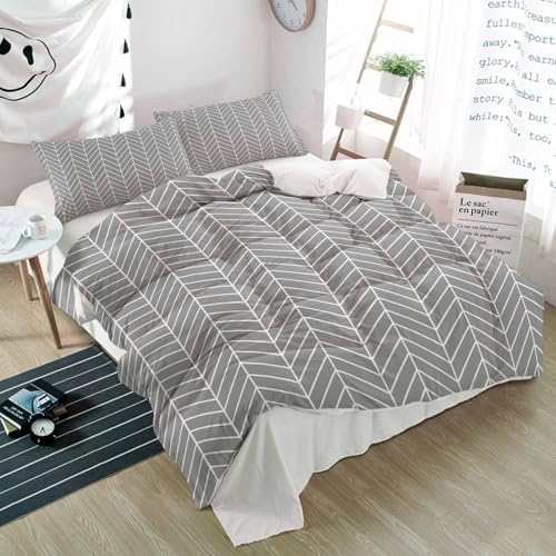 Duvet Cover Set Queen, Abstract Gray White Herringbone Texture 3 Piece