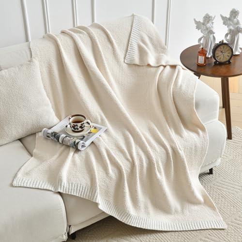 Chunky Knit Boucle Throw Blanket, Soft Washable Coastal Blanket for